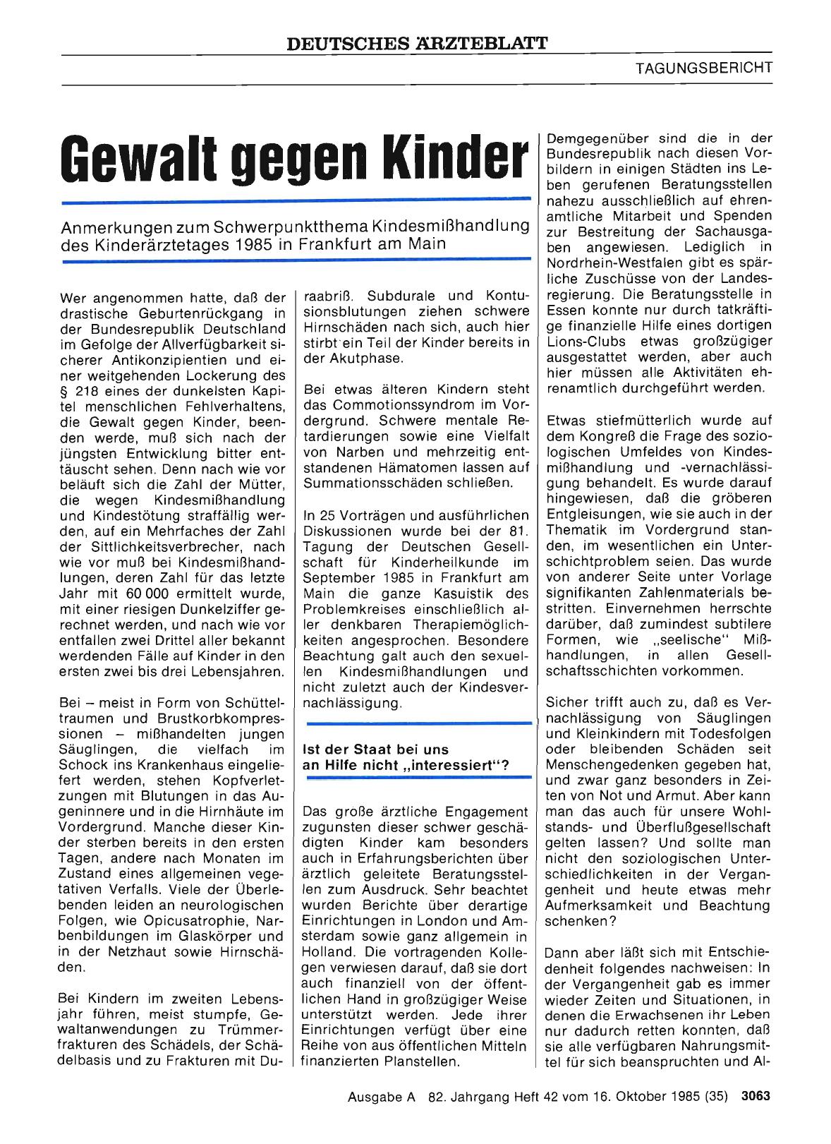Vorschauseite 1: Gewalt gegen Kinder: Anmerkungen zum Schwerpunktthema Kindesmißhandlung des Kinderärztetages 1985 in Frankfurt am Main