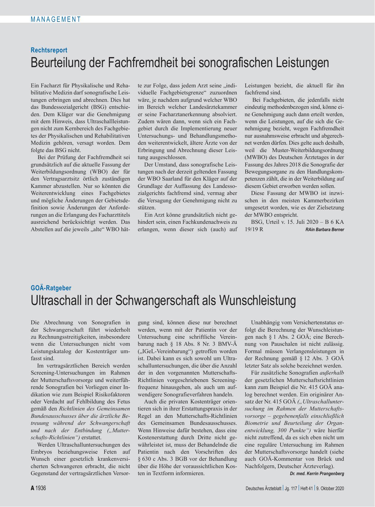 Vorschauseite 1: Rechtsreport: Beurteilung der Fachfremdheit bei sonografischen Leistungen