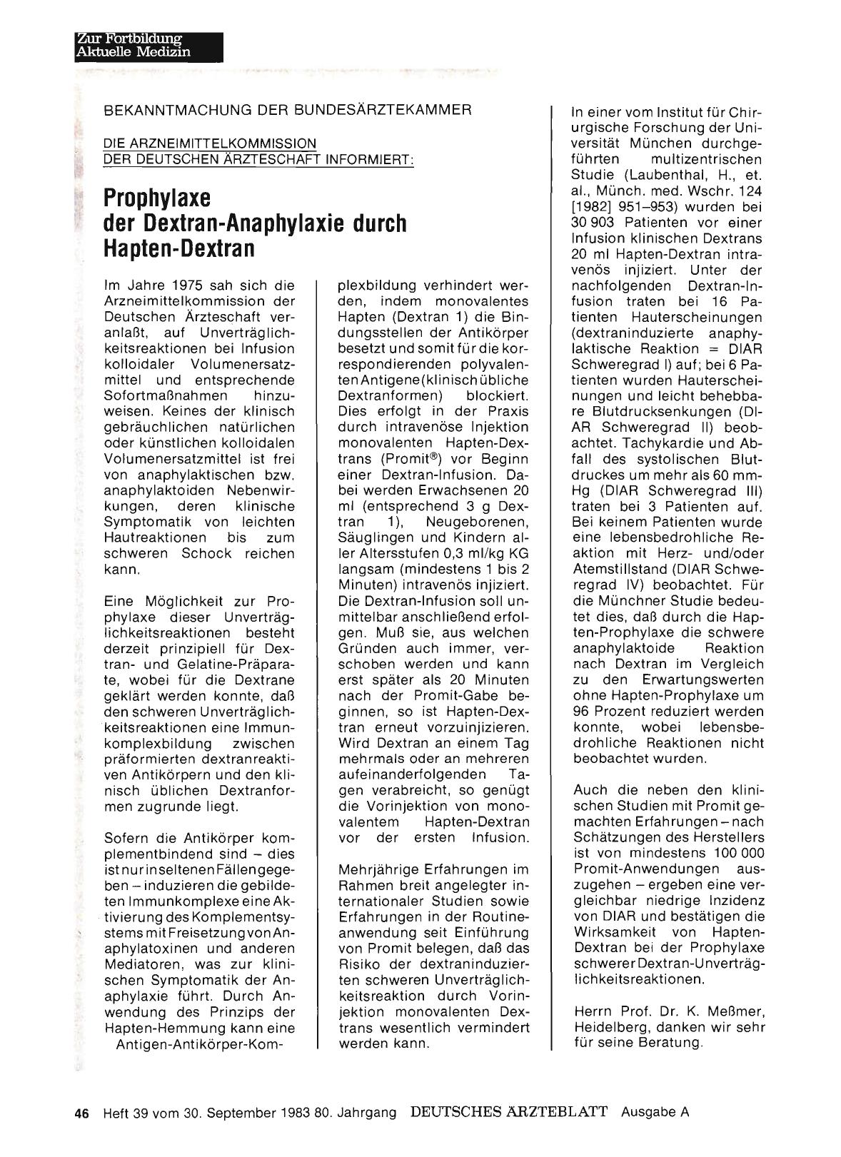 Vorschauseite 1: DIE ARZNEIMITTELKOMMISSION DER DEUTSCHEN ÄRZTESCHAFT INFORMIERT: Prophylaxe der Dextran-Anaphylaxie durch Hapten-Dextran