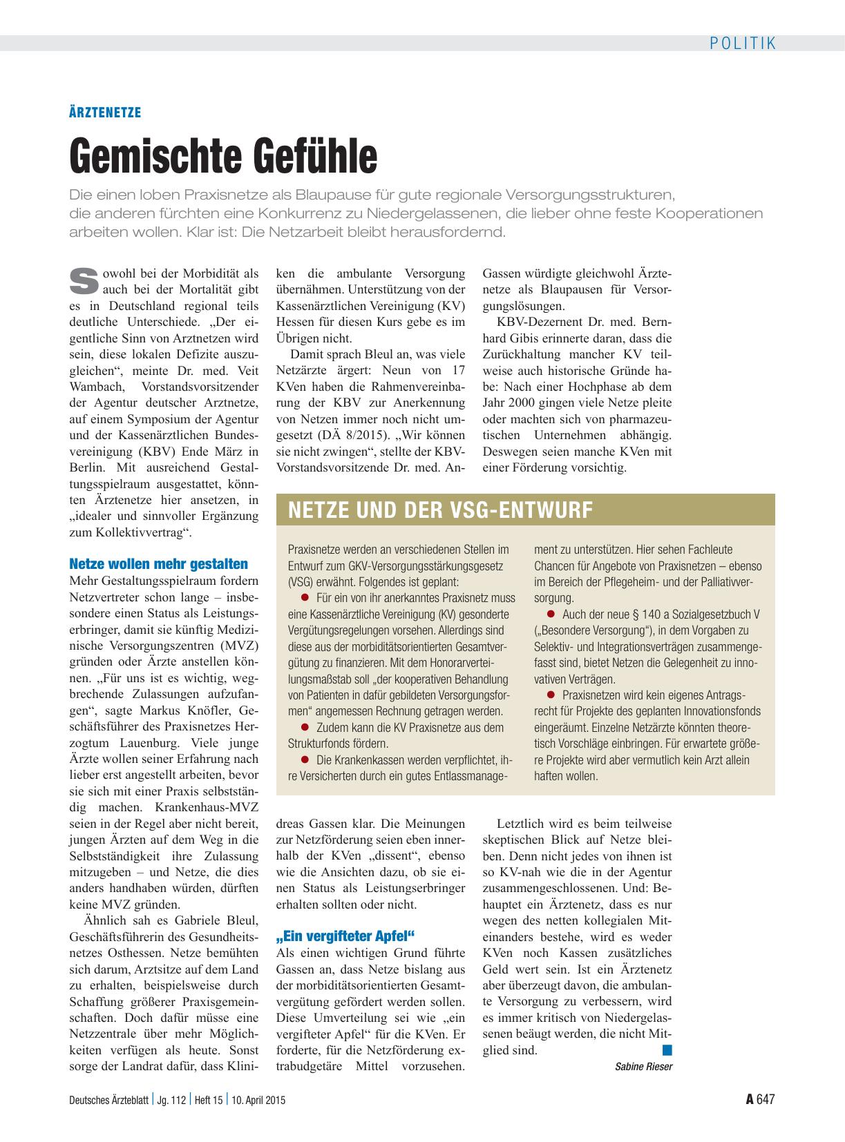 Vorschauseite 1: Ärztenetze: Gemischte Gefühle