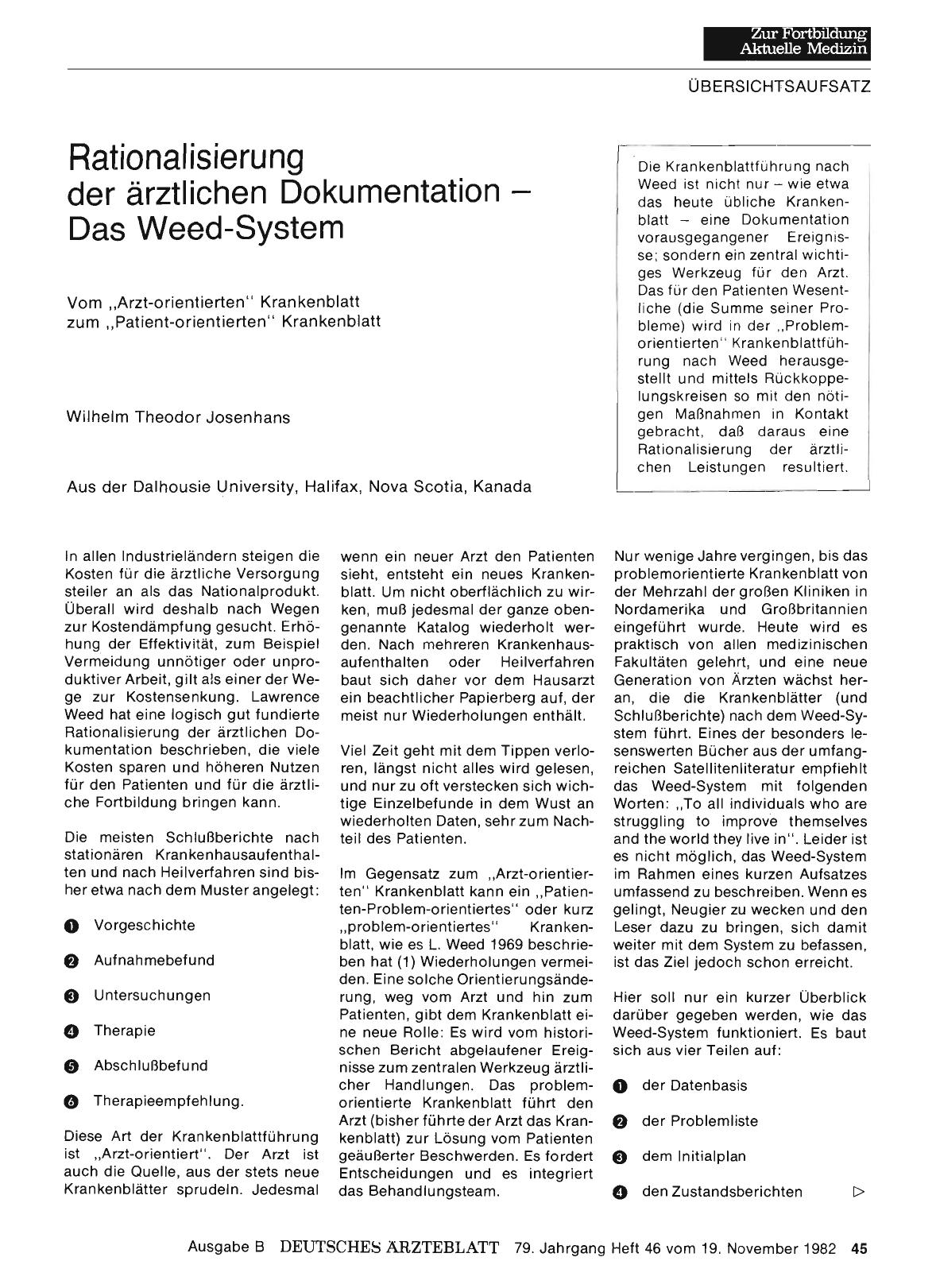 Vorschauseite 1: Rationalisierung der ärztlichen Dokumentation — Das Weed-System: Vom „Arzt-orientierten“ Krankenblatt zum „Patient-orientierten“ Krankenblatt