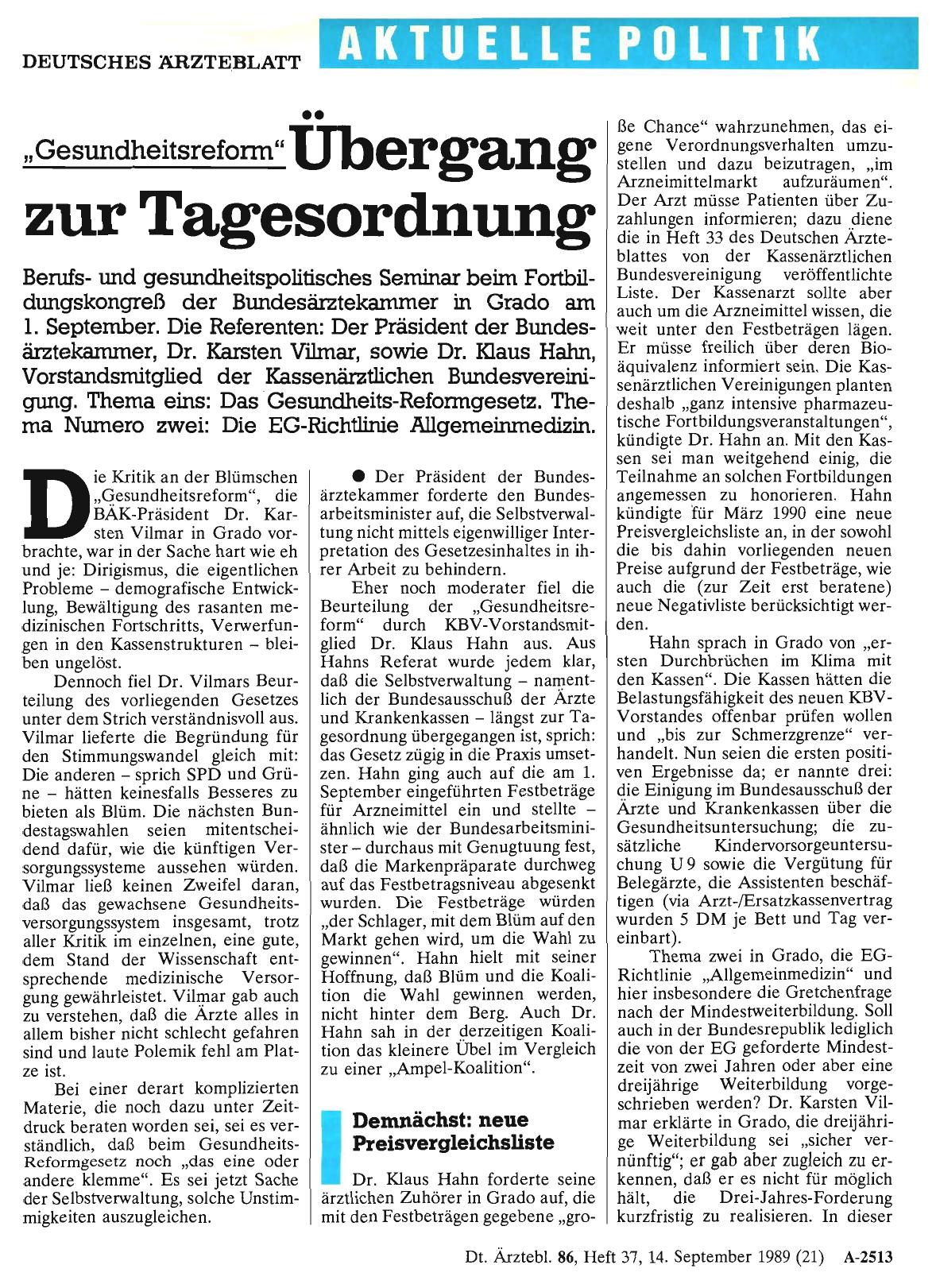 Vorschauseite 1: „Gesundheitsreform“: Übergang zur Tagesordnung