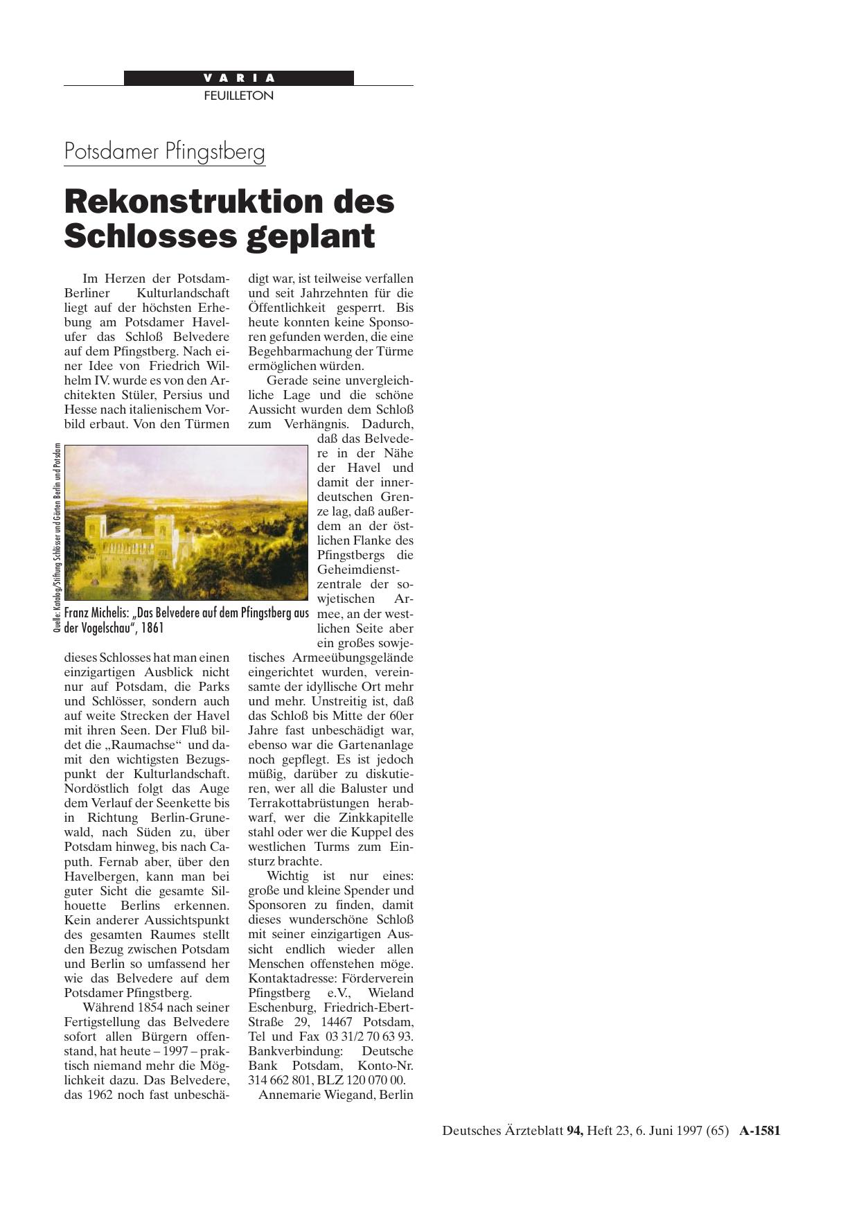 Vorschauseite 1: Potsdamer Pfingstberg: Rekonstruktion des Schlosses geplant