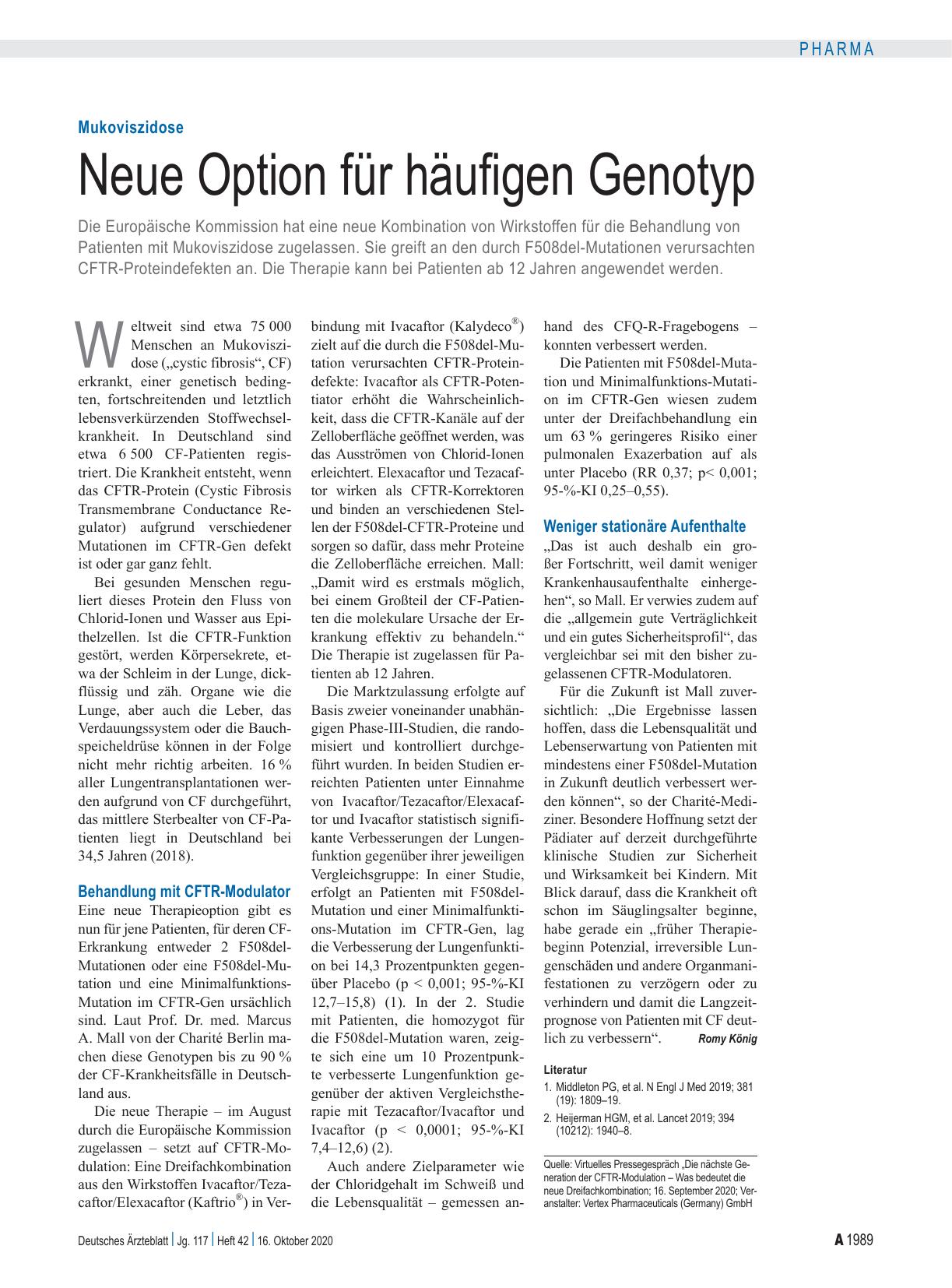 Vorschauseite 1: Mukoviszidose: Neue Option für häufigen Genotyp