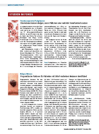 Vorschauseite 1: Thrombozytopenie bei Frühgeborenen: Überlebenschancen steigen, wenn Plättchen eher restriktiv transfundiert werden