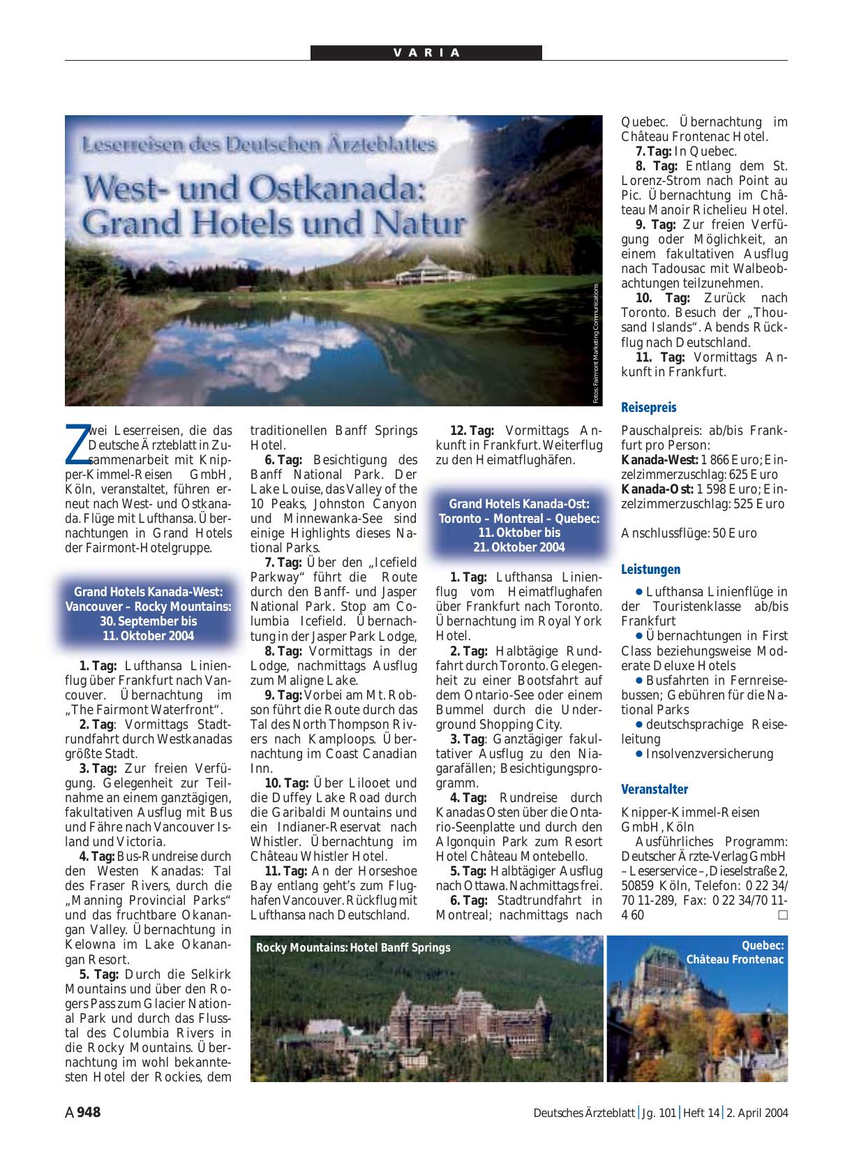 Vorschauseite 1: Leserreisen des Deutschen Ärzteblattes: Westund Ostkanada - Grand Hotels und Natur