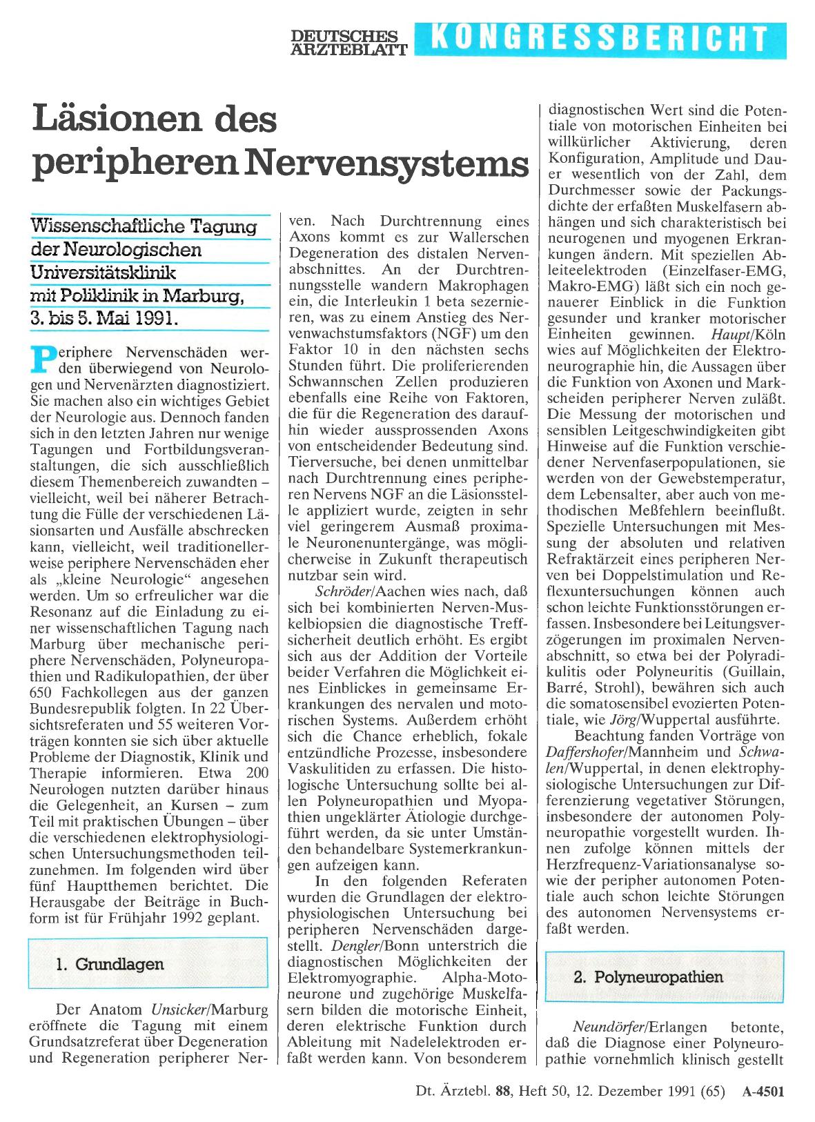 Vorschauseite 1: Läsionen des peripheren Nervensystems: Wissenschaftliche Tagung der Neurologischen Universitätsklinik mit Poliklinik in Marburg, 3. bis 5. Mai 1991.
