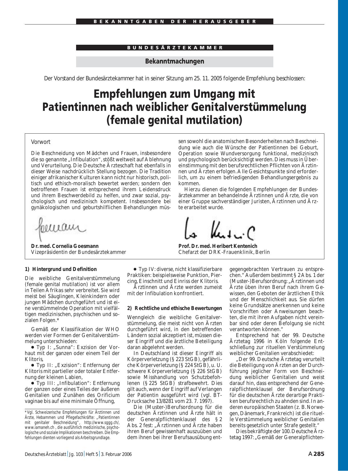 Vorschauseite 1: Bekanntmachungen: Empfehlungen zum Umgang mit Patientinnen nach weiblicher Genitalverstümmelung (female genital mutilation)