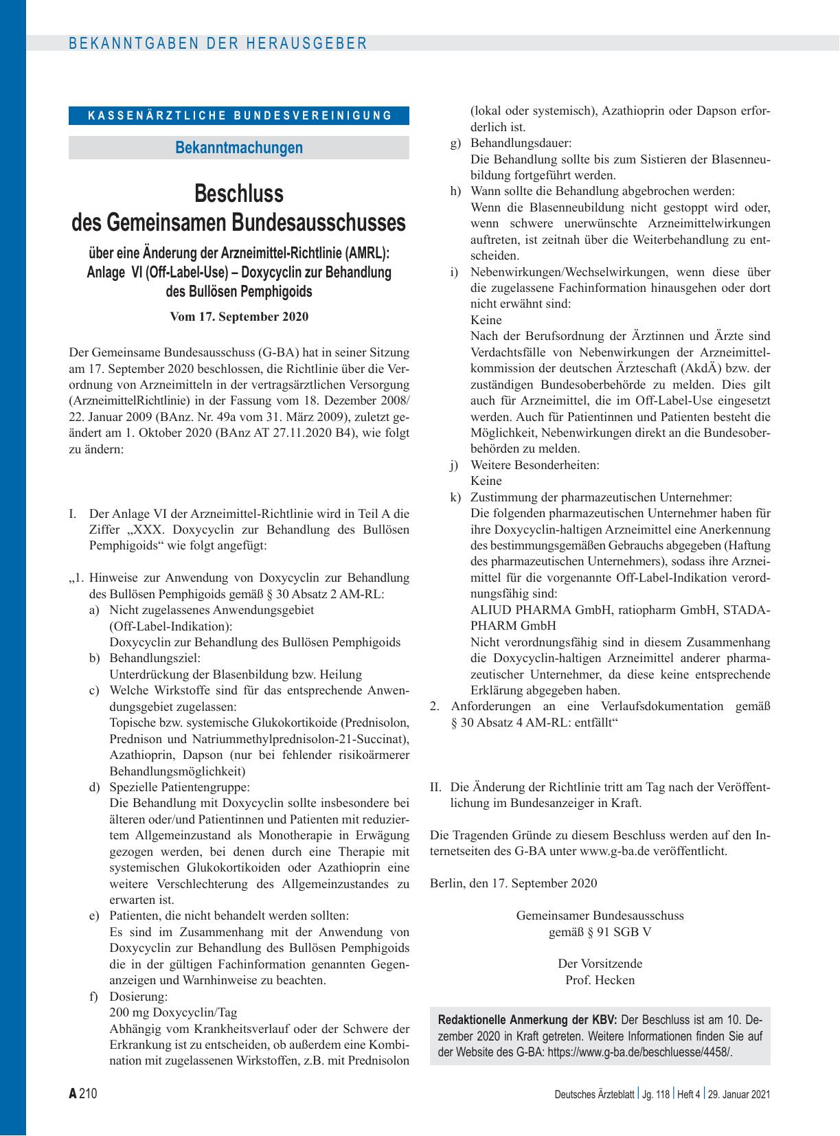 Vorschauseite 1: Beschluss des Gemeinsamen Bundesausschusses über eine Änderung der Arzneimittel-Richtlinie (AMRL): Anlage VI (Off-Label-Use) – Doxycyclin zur Behandlung des Bullösen Pemphigoids