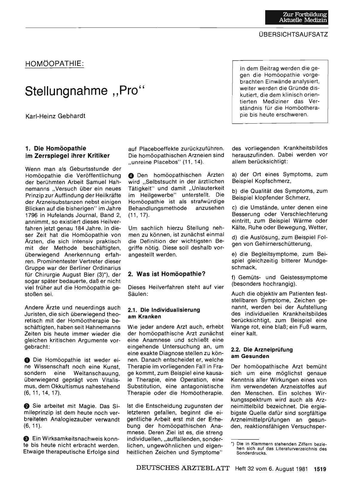 Vorschauseite 1: HOMÖOPATHIE: Stellungnahme „Pro"