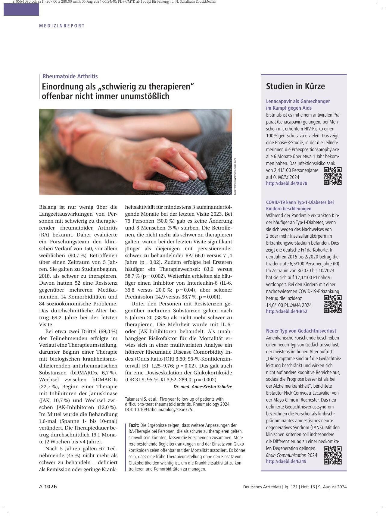 Vorschauseite 1: Rheumatoide Arthritis: Einordnung als „schwierig zu therapieren“ offenbar nicht immer unumstößlich