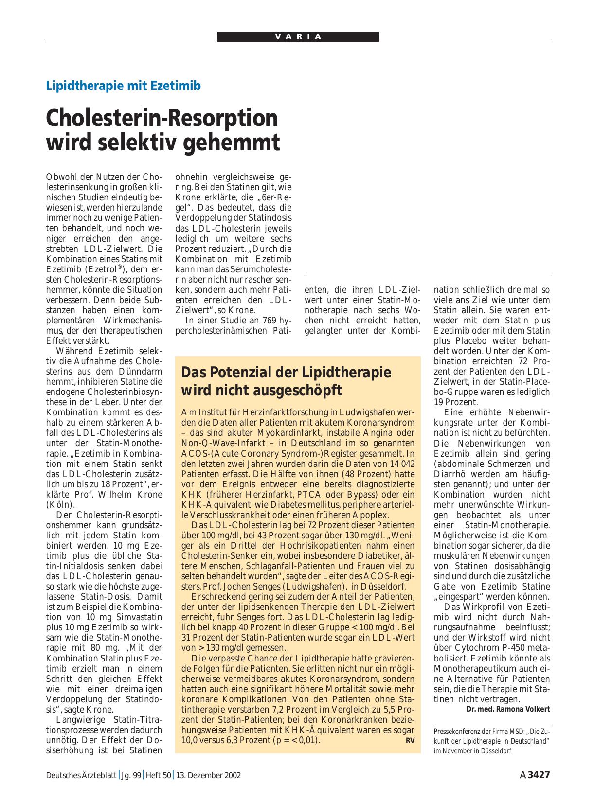 Vorschauseite 1: Lipidtherapie mit Ezetimib: Cholesterin-Resorption wird selektiv gehemmt
