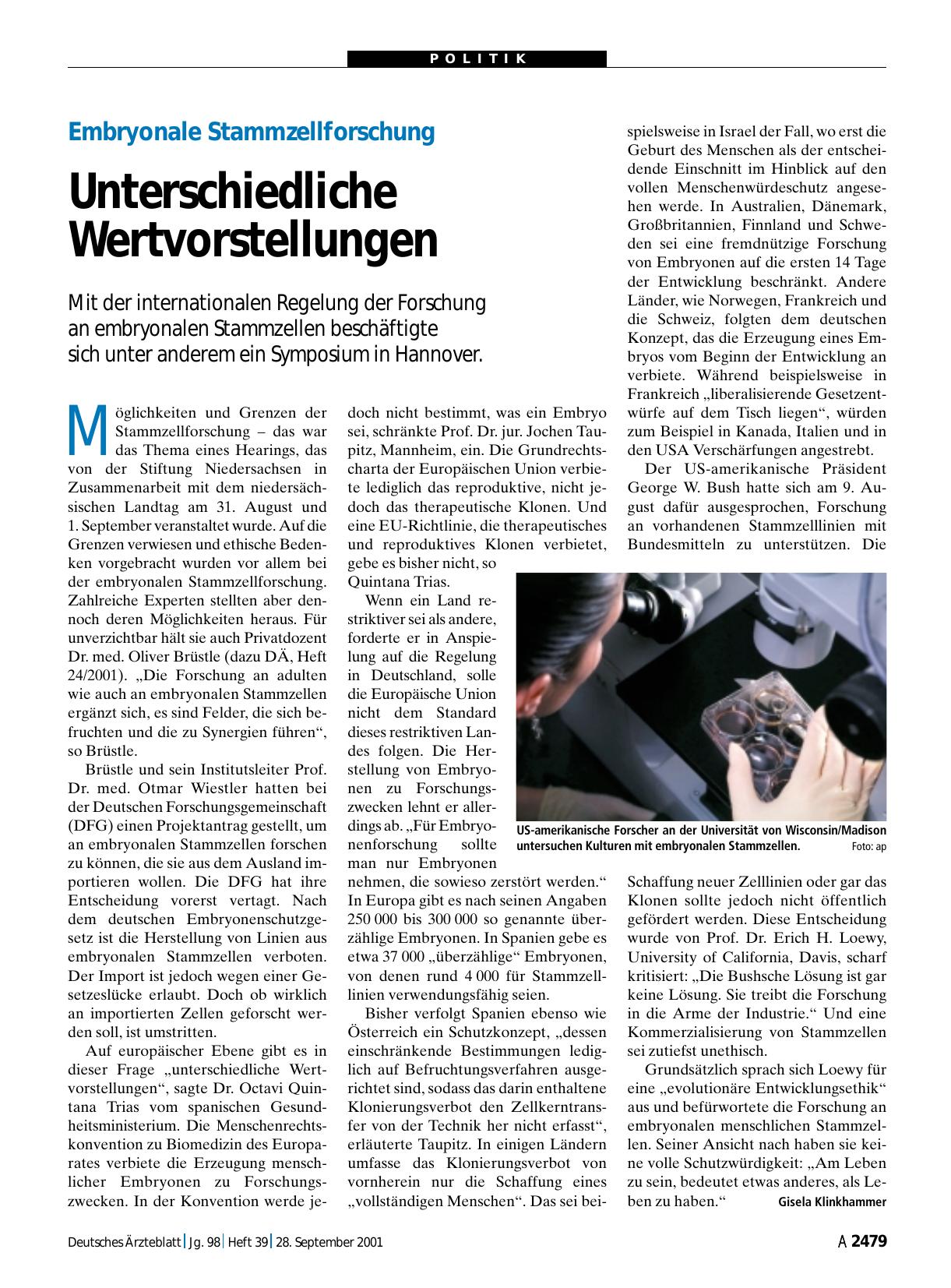 Vorschauseite 1: Embryonale Stammzellforschung: Unterschiedliche Wertvorstellungen