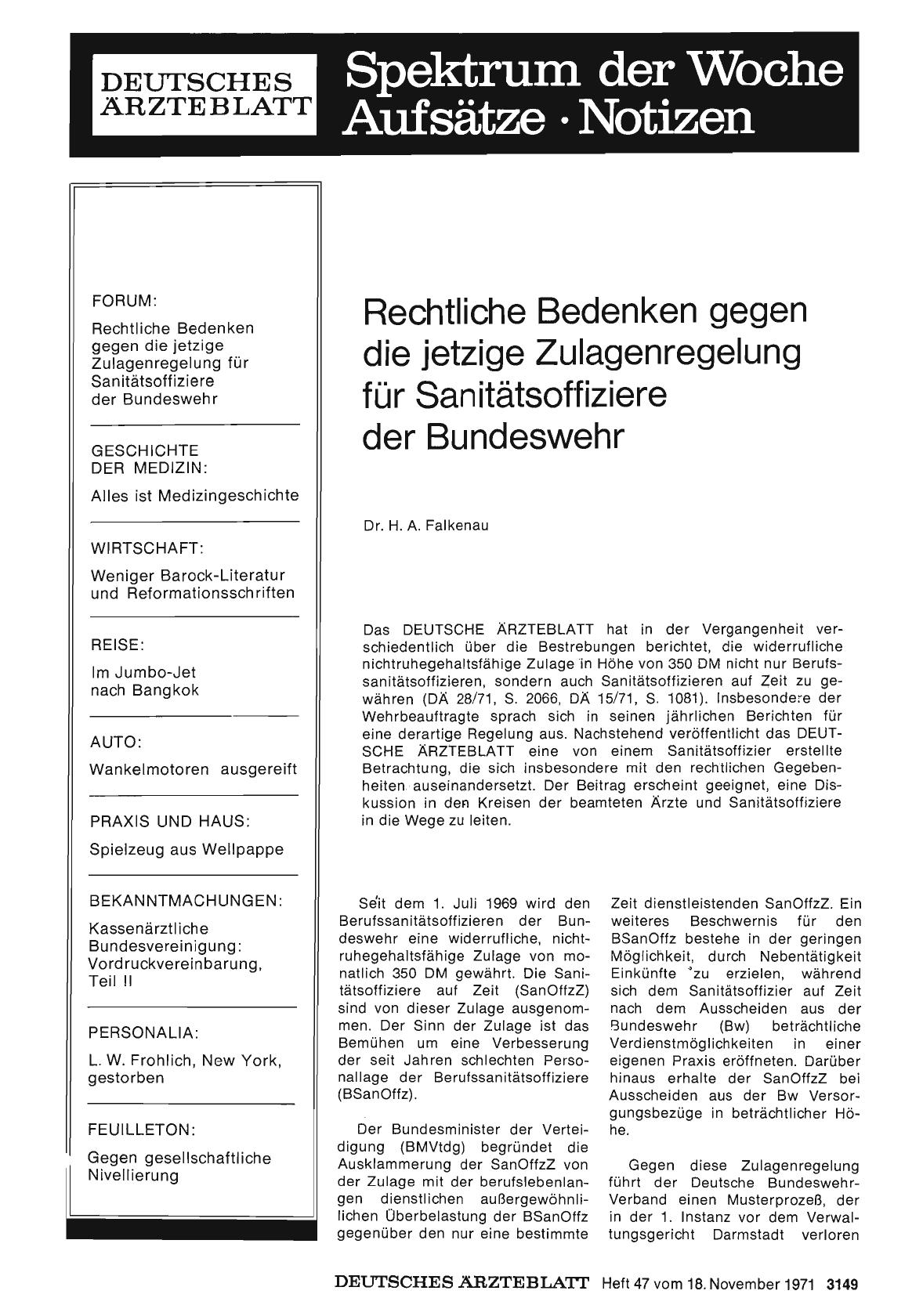 Vorschauseite 1: Rechtliche Bedenken gegen die jetzige Zulagenregelung für Sanitätsoffiziere der Bundeswehr