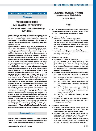 Vorschauseite 1: Versorgung chronisch niereninsuffizienter Patienten: Änderungen der Anlage 9. 1 des Bundesmantelvertrags zum 1. Juli 2018, Änderung des Vertrages über die Versorgung chronisch nie…