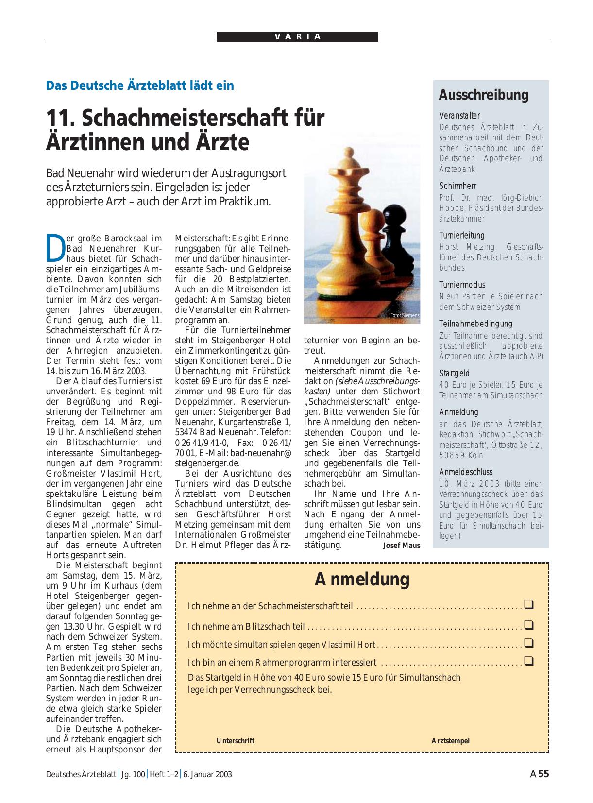 Vorschauseite 1: Das Deutsche Ärzteblatt lädt ein: 11. Schachmeisterschaft für Ärztinnen und Ärzte