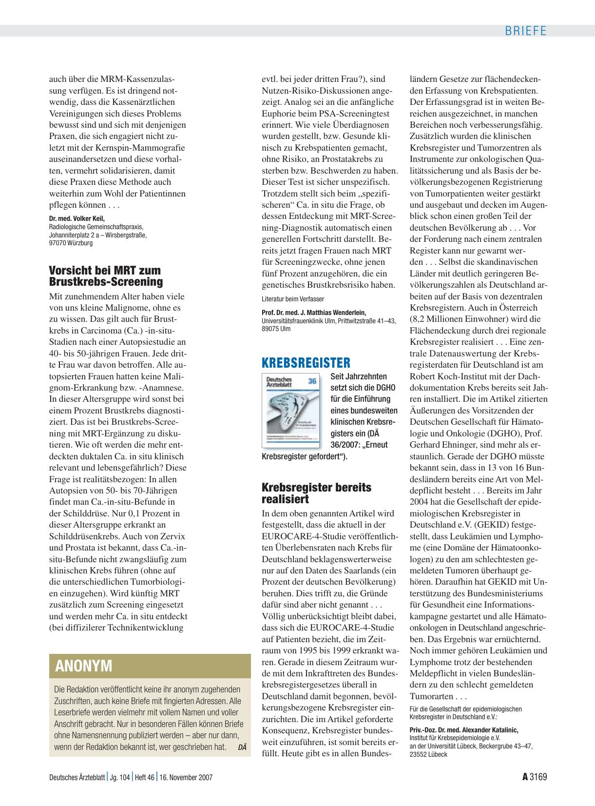 Vorschauseite 1: Krebsregister: Krebsregister bereits realisiert