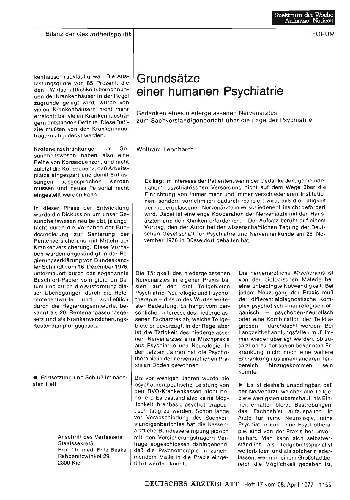 Vorschauseite 1: Grundsätze einer humanen Psychiatrie: Gedanken eines niedergelassenen Nervenarztes zum Sachverständigenbericht über die Lage der Psychiatrie