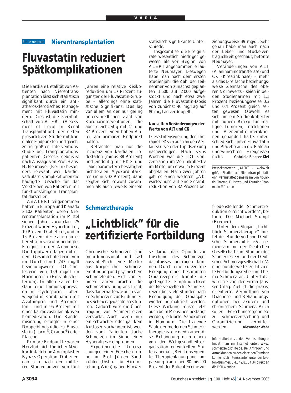 Vorschauseite 1: Nierentransplantation: Fluvastatin reduziert Spätkomplikationen