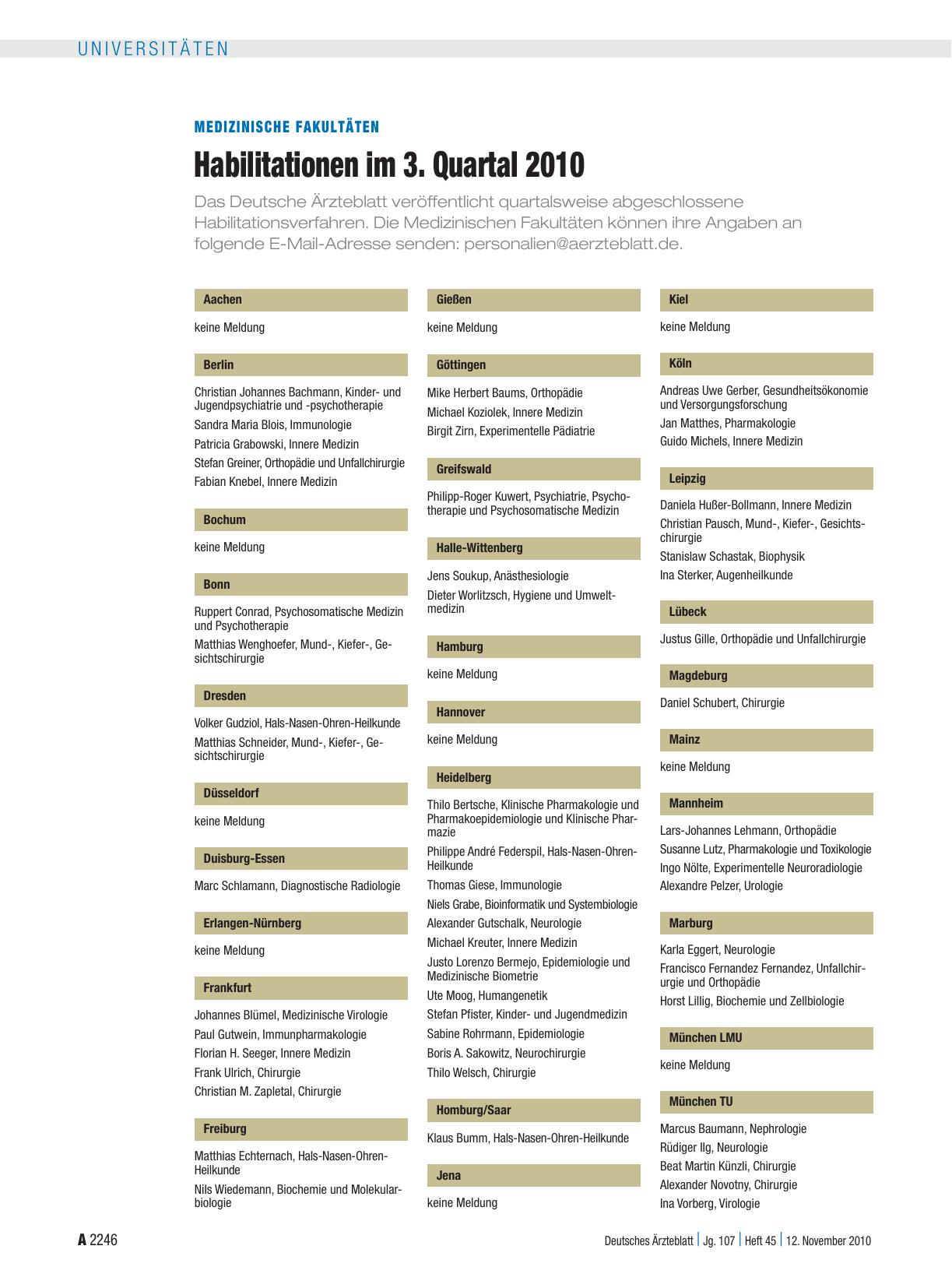 Vorschauseite 1: Medizinische Fakultäten: Habilitationen im 3. Quartal 2010