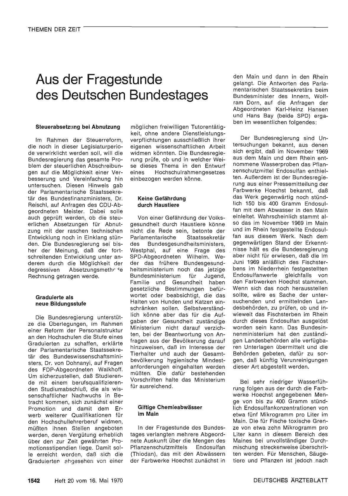 Vorschauseite 1: Aus der Fragestunde des Deutschen Bundestages