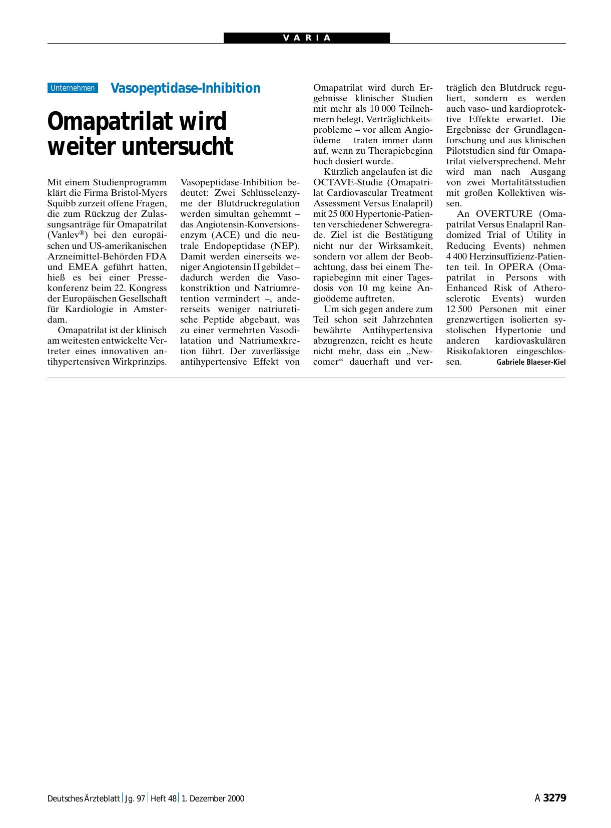 Vorschauseite 1: Vasopeptidase-Inhibition: Omapatrilat wird weiter untersucht