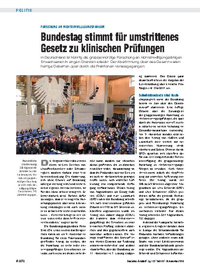 Vorschauseite 1: Forschung an nichteinwilligungsfähigen: Bundestag stimmt für umstrittenes Gesetz zu klinischen Prüfungen