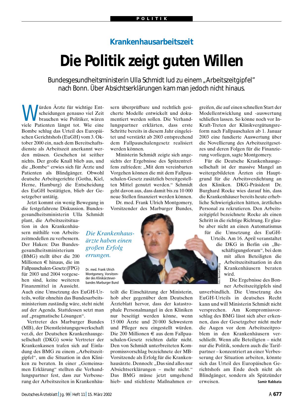 Vorschauseite 1: Krankenhausarbeitszeit: Die Politik zeigt guten Willen