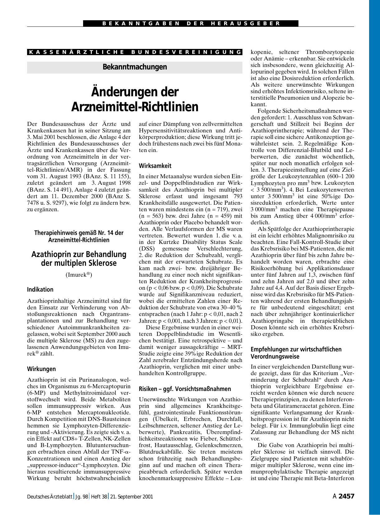 Vorschauseite 1: Bekanntmachungen: Änderungen der Arzneimittel-Richtlinien