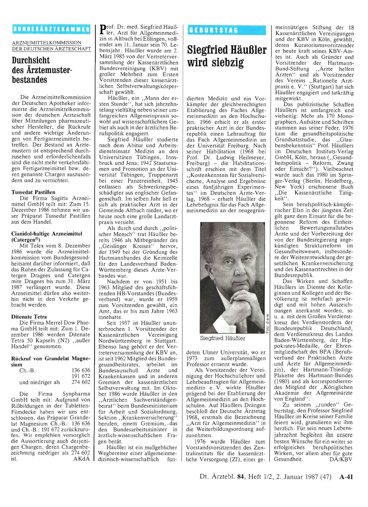 Vorschauseite 1: Siegfried Häußler wird siebzig