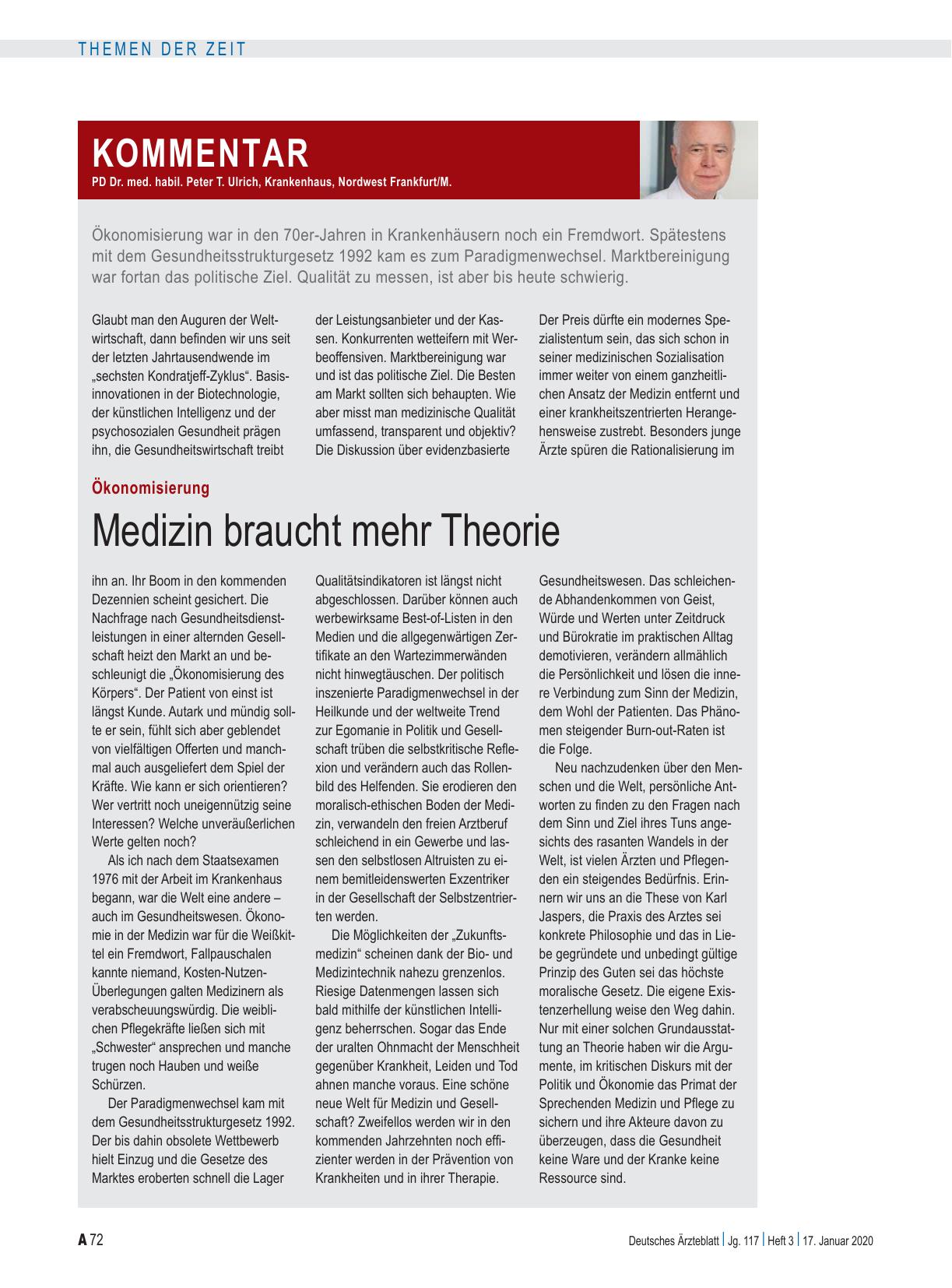 Vorschauseite 1: Ökonomisierung: Medizin braucht mehr Theorie