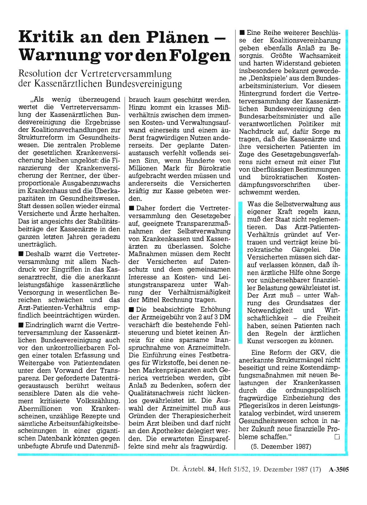 Vorschauseite 1: Kritik an den Plänen - Warnung vor den Folgen: Resolution der Vertreterversammlung der Kassenärztlichen Bundesvereinigung