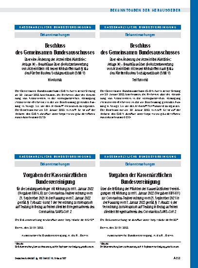 Vorschauseite 1: Beschluss des Gemeinsamen Bundesausschusses über eine Änderung der Arzneimittel-Richtlinie: Teriflunomid