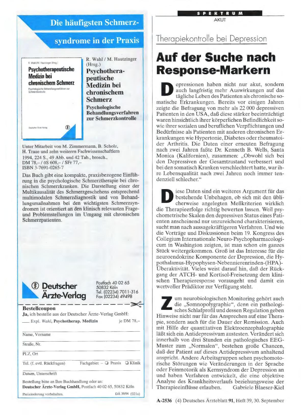 Vorschauseite 1: Therapiekontrolle bei Depression Auf der Suche nach Response-Markern