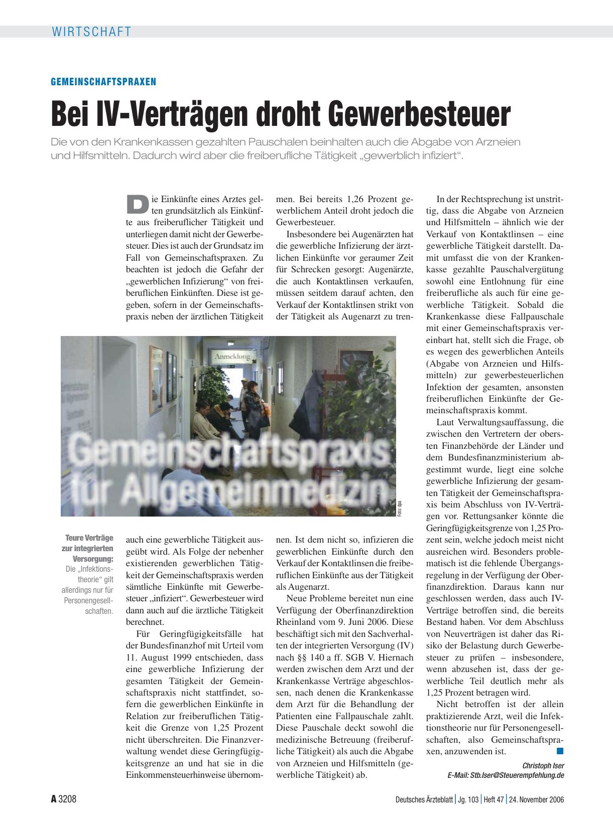 Vorschauseite 1: Gemeinschaftspraxen: Bei IV-Verträgen droht Gewerbesteuer