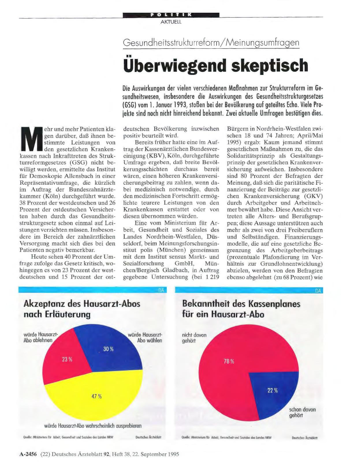 Vorschauseite 1: Gesundheitsstrukturreform/Meinungsumfragen: Überwiegend skeptisch
