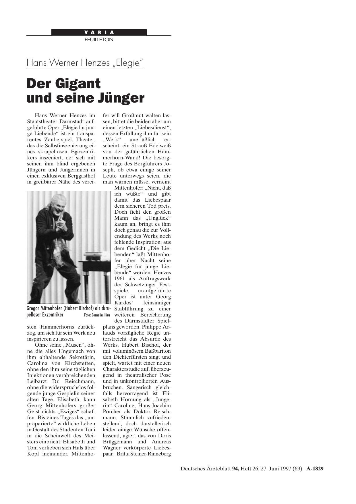 Vorschauseite 1: Hans Werner Henzes „Elegie“: Der Gigant und seine Jünger