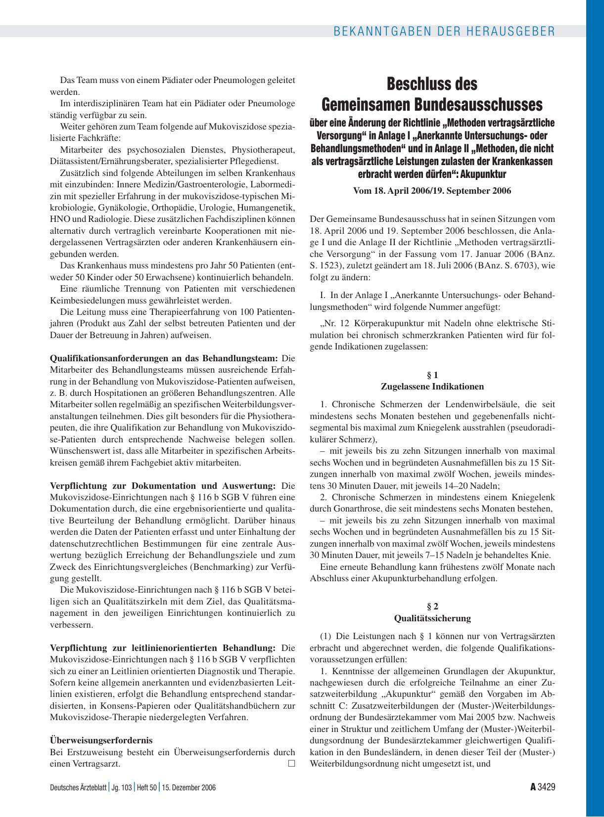 Vorschauseite 1: Beschluss des Gemeinsamen Bundesausschusses über eine Änderung der Richtlinie „Methoden vertragsärztliche Versorgung“ in Anlage I „Anerkannte Untersuchungsoder Behandlungsmethoden…