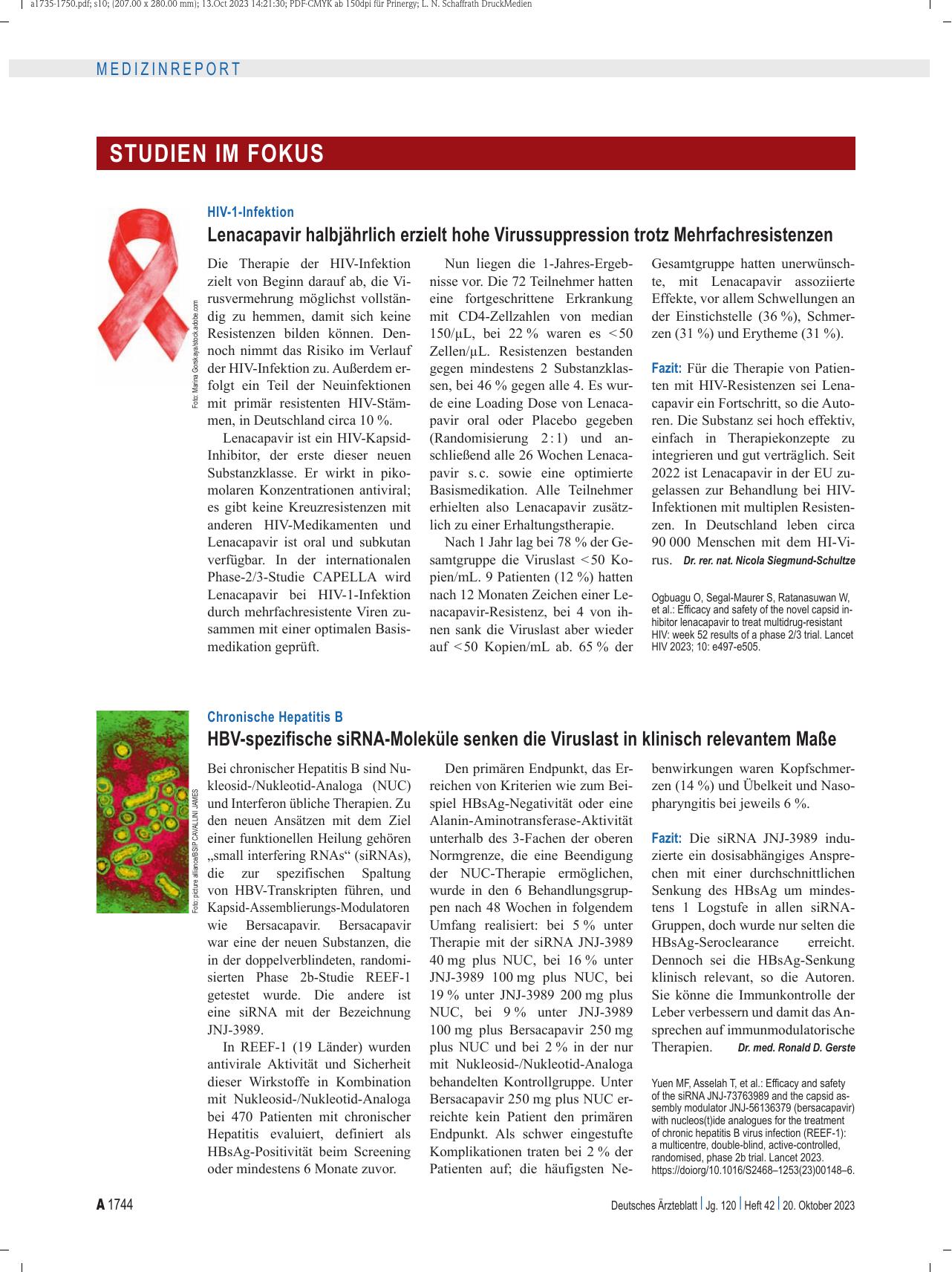 Vorschauseite 1: HIV-1-Infektion: Lenacapavir halbjährlich erzielt hohe Virussuppression trotz Mehrfachresistenzen