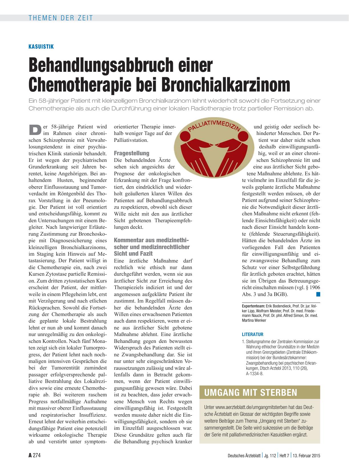 Vorschauseite 1: Kasuistik: Behandlungsabbruch einer Chemotherapie bei Bronchialkarzinom