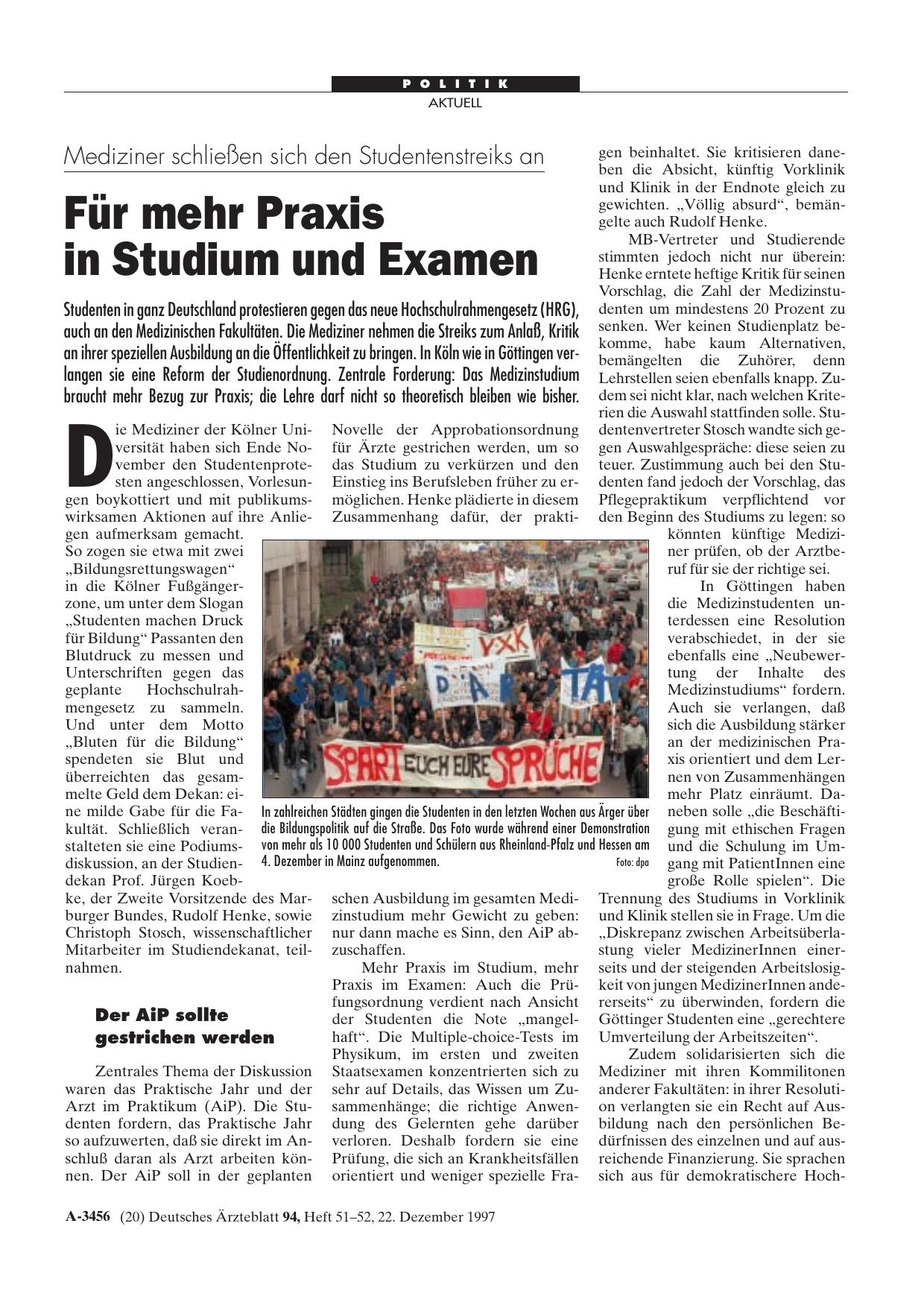 Vorschauseite 1: Mediziner schließen sich den Studentenstreiks an: Für mehr Praxis in Studium und Examen
