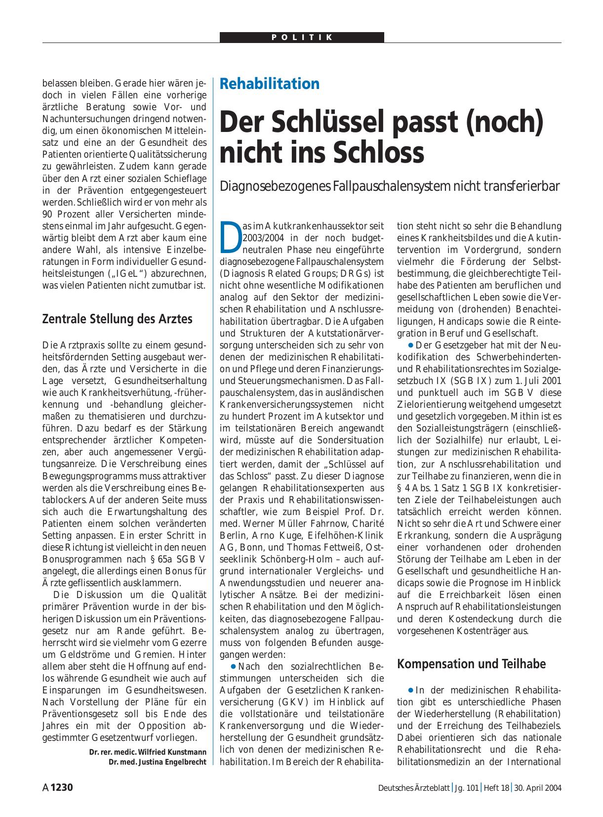 Vorschauseite 1: Rehabilitation: Der Schlüssel passt (noch) nicht ins Schloss