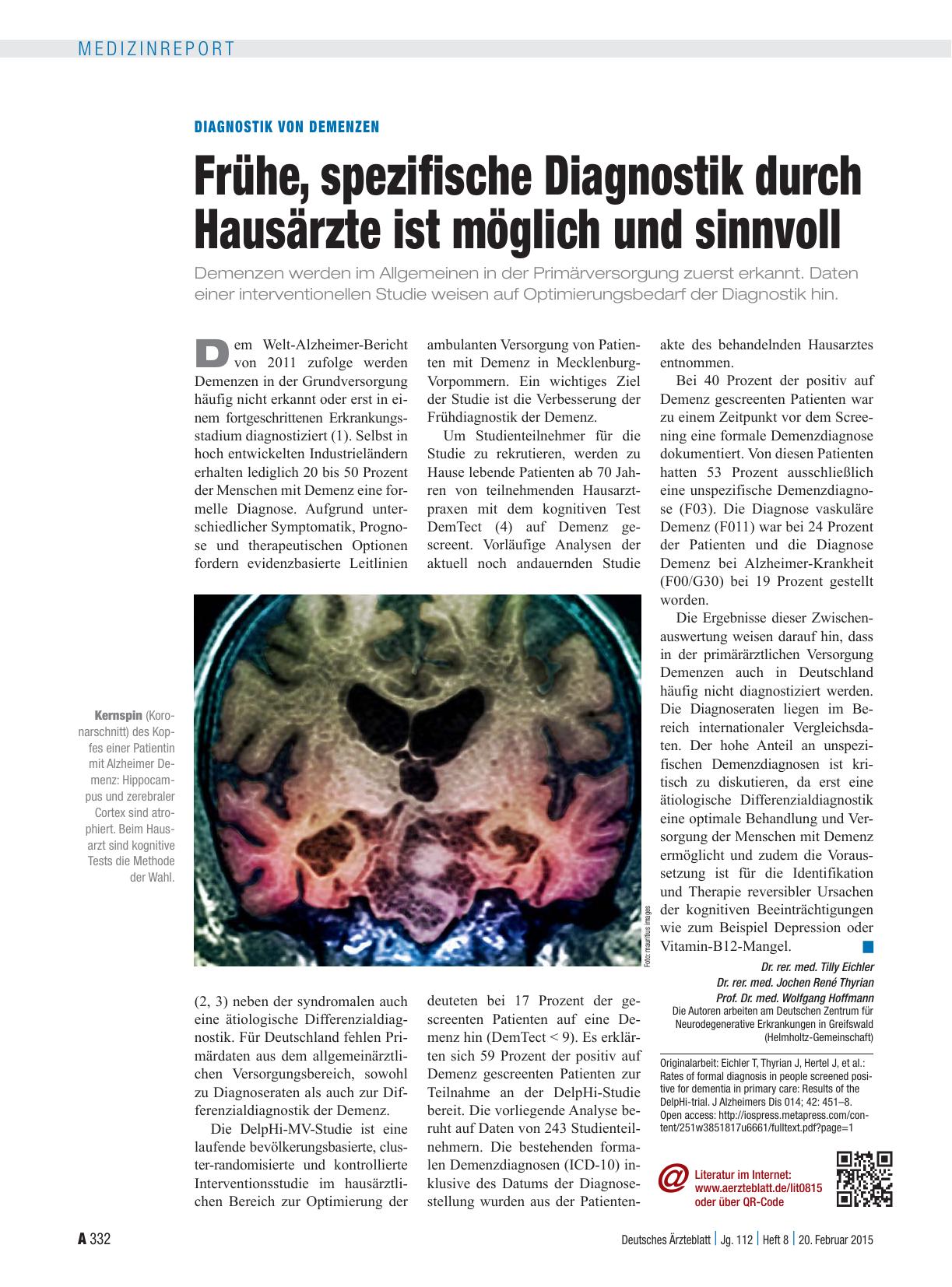 Vorschauseite 1: Diagnostik von Demenzen: Frühe, spezifische Diagnostik durch Hausärzte ist möglich und sinnvoll