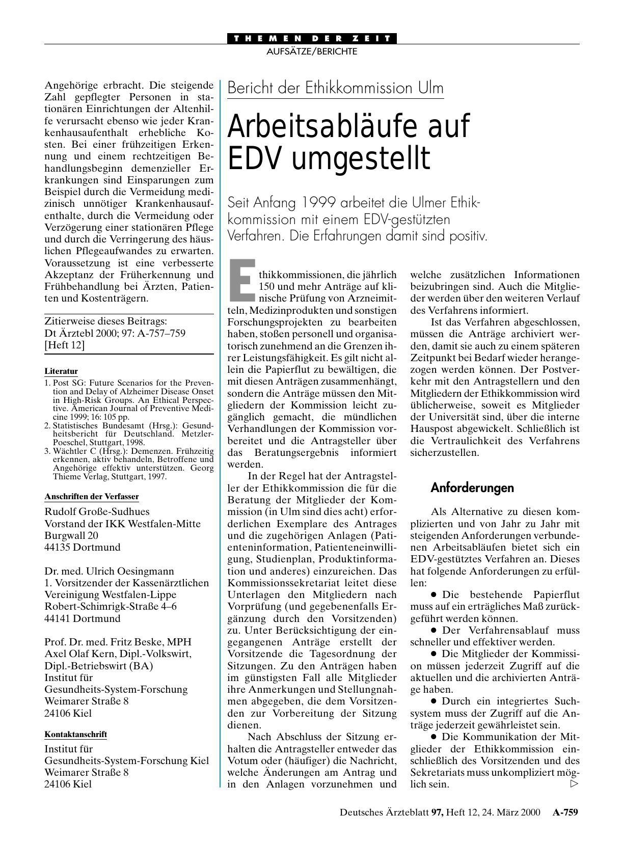 Vorschauseite 1: Bericht der Ethikkommission Ulm: Arbeitsabläufe auf EDV umgestellt