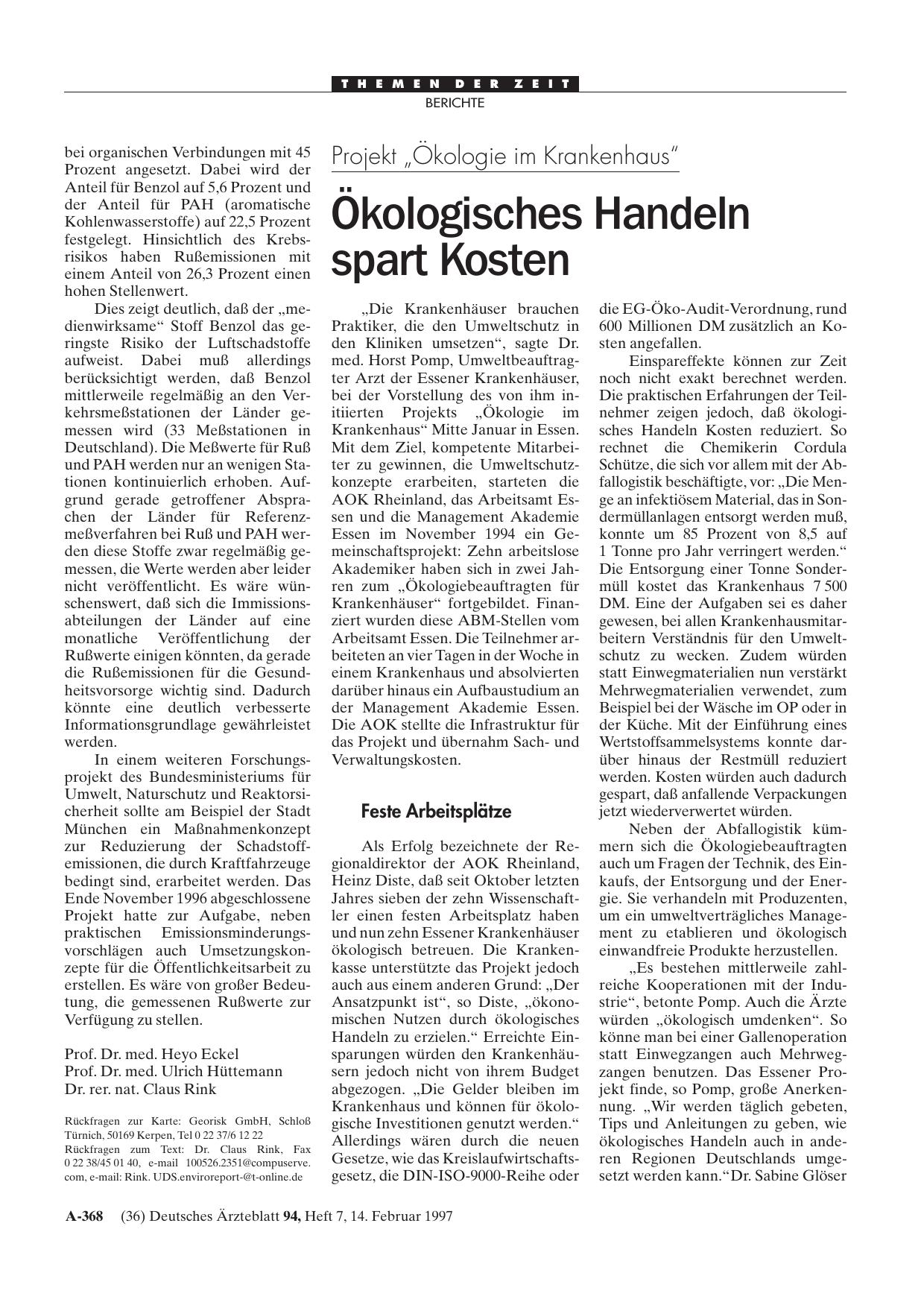 Vorschauseite 1: Projekt „Ökologie im Krankenhaus“: Ökologisches Handeln spart Kosten