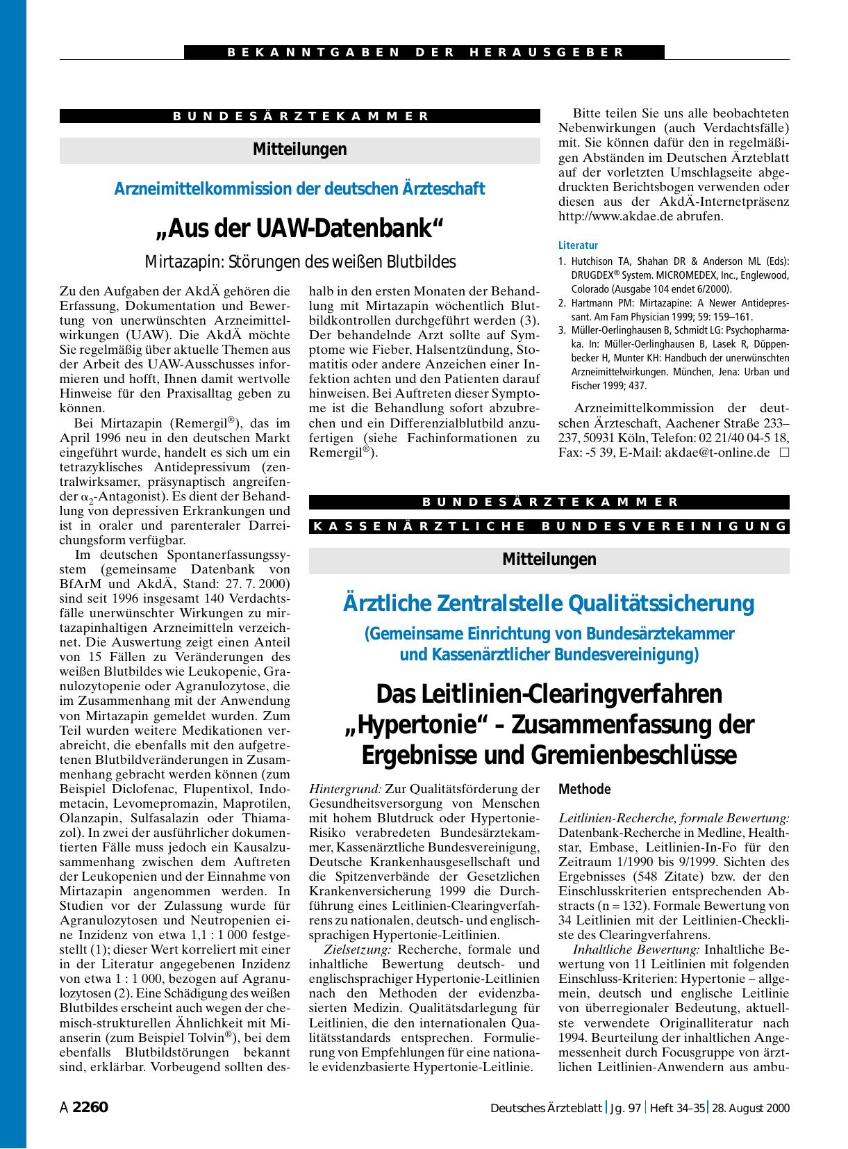 Vorschauseite 1: Ärztliche Zentralstelle Qualitätssicherung (Gemeinsame Einrichtung von Bundesärztekammer und Kassenärztlicher Bundesvereinigung)