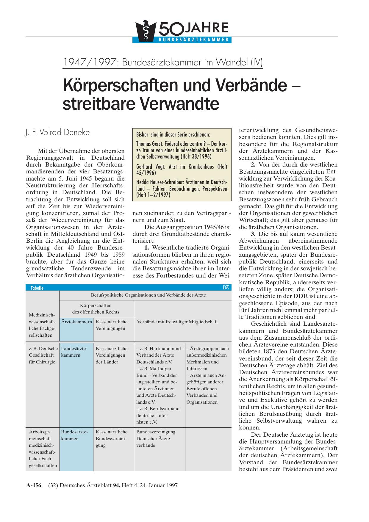 Vorschauseite 1: 1947/1997 – Bundesärztekammer im Wandel (IV): Körperschaften und Verbände - streitbare Verwandte