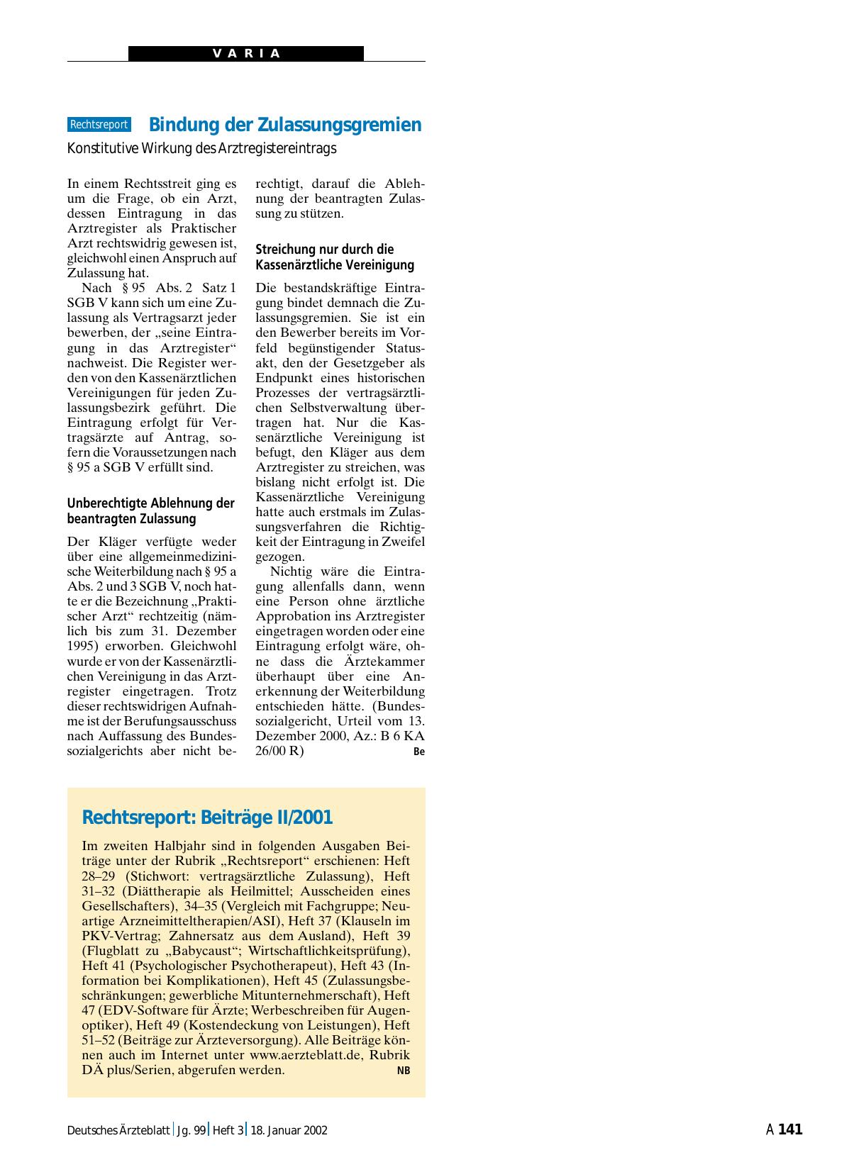 Vorschauseite 1: Rechtsreport: Beiträge II/2001