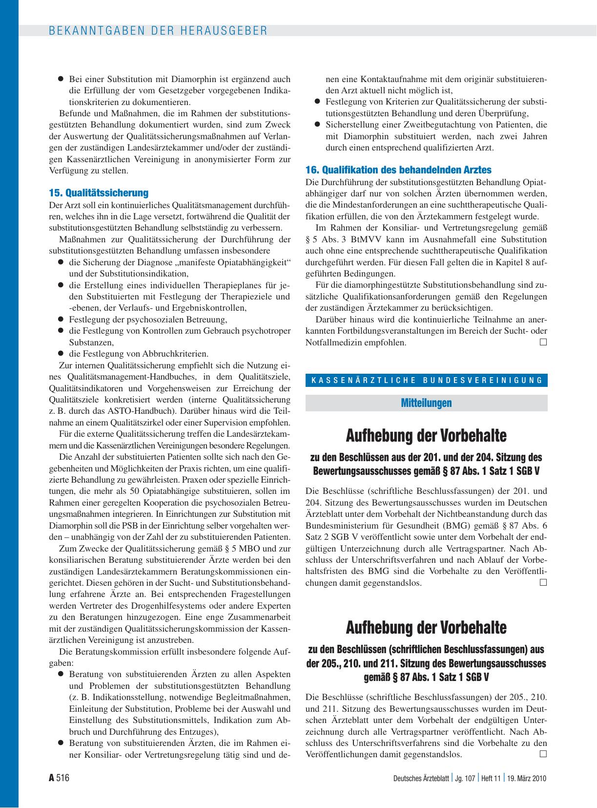 Vorschauseite 1: Mitteilungen: Aufhebung der Vorbehalte zu den Beschlüssen aus der 201. und der 204. Sitzung des Bewertungsausschusses gemäß § 87 Abs. 1 Satz 1 SGB V