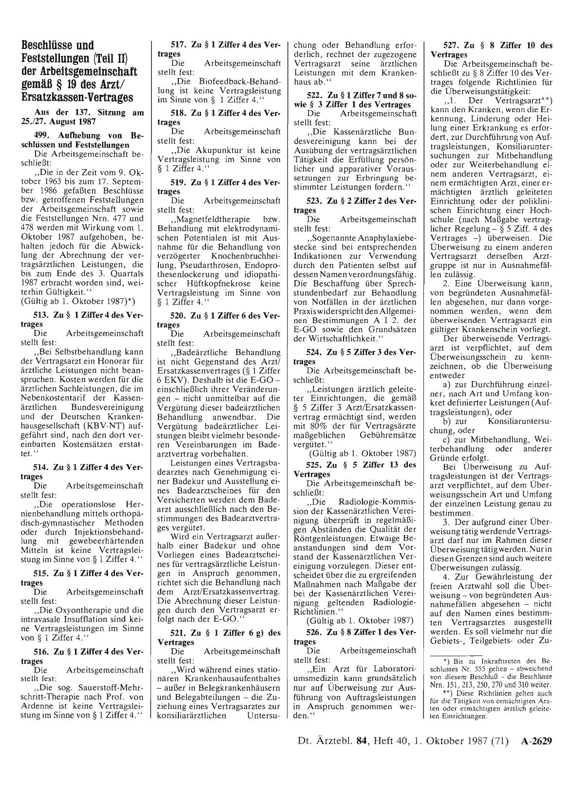 Vorschauseite 1: Beschlüsse und Feststellungen (Teil II) der Arbeitsgemeinschaft gemäß § 19 des Arzt/Ersatzkassen-Vertrages